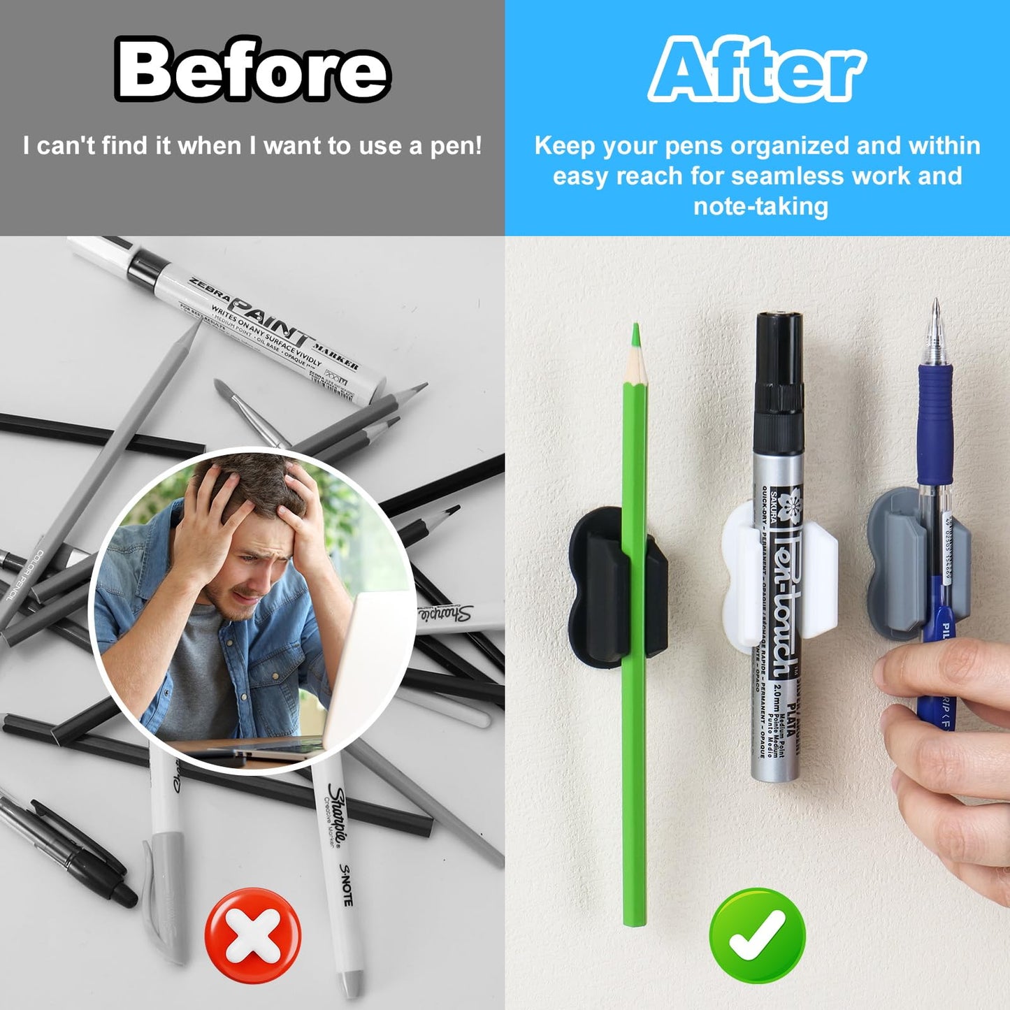 BEFSOP 2025 New Pen Holder, 6 Pack Upgraded Adhesive Pencil Holders for Wall & Desk, Marker Holder, Pen Holder for Clipboard, Teacher Supplies for Classroom kids Desk Accessories Clips Holder