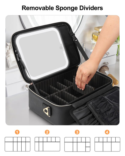 Relavel Travel Makeup Bag With LED Mirror, Cosmetic Train Case with Light up Mirror, Portable Makeup Artist Organizer Bag with Adjustable Dividers, Makeup Brush Holder Storage, Black