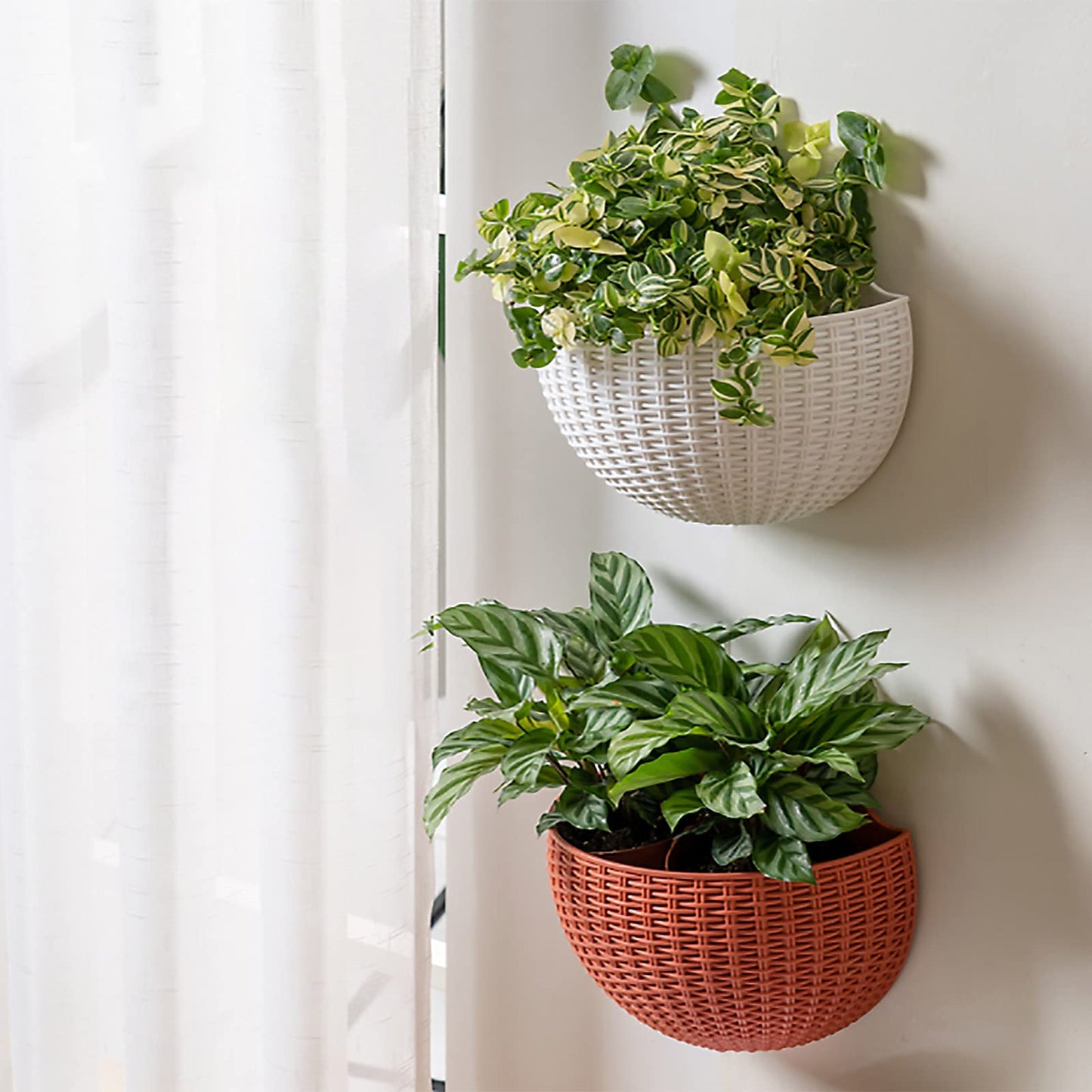Hanging Planter Pot, Wall and Railing Hanging Planters with S Hooks, Half Round Imitation Rattan European Style Wall Flowerpot Rustic Decorative Flower Basket for Home Balcony Garden(#26*20.5cm Khaki)