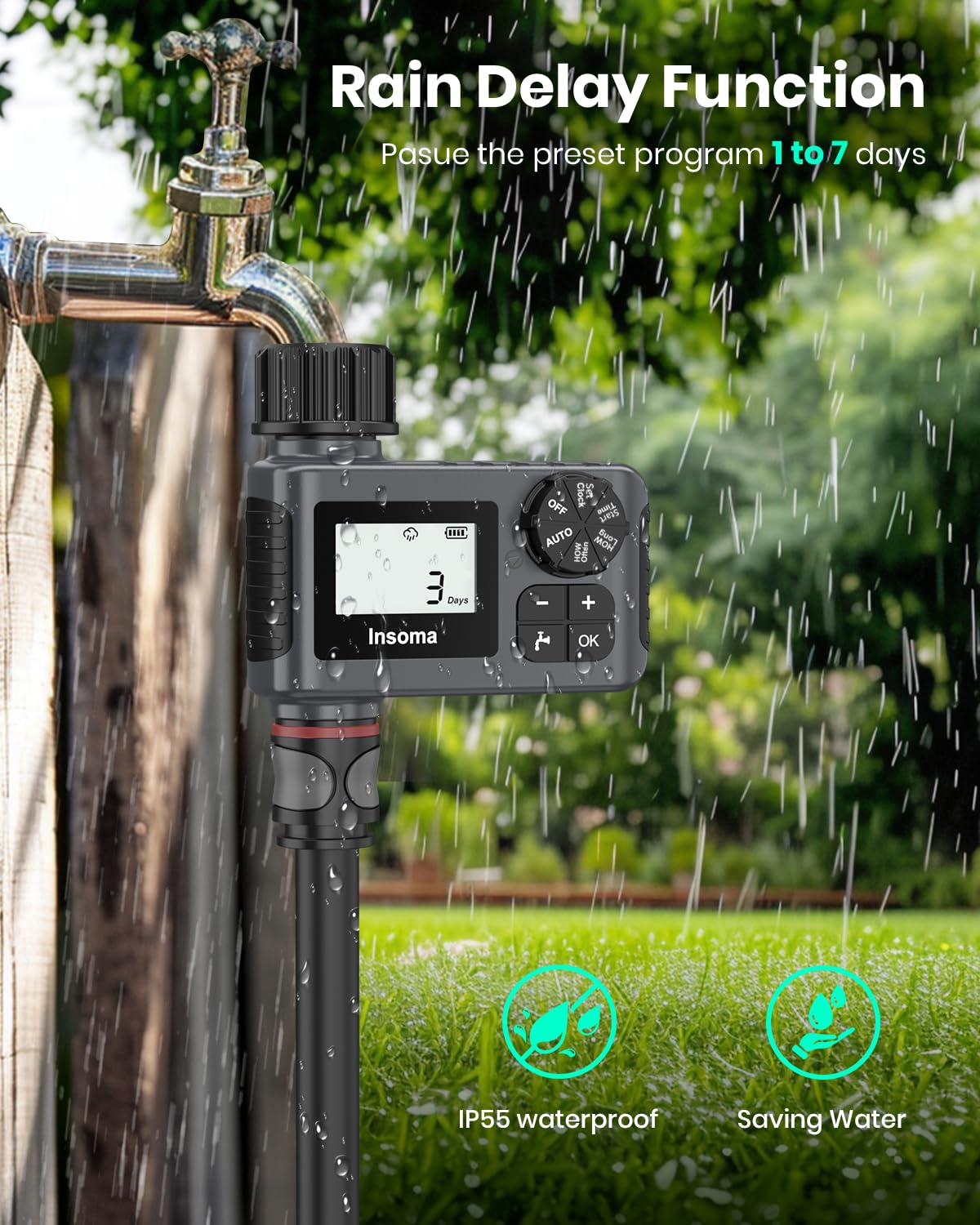 Insoma Outdoor Garden Hose Faucet Timers, Programmable Water Sprinkler Timer with Rain Delay/Manual/Automatic Drip Irrigation and Lawn Watering System for Yard, 1 Outlet