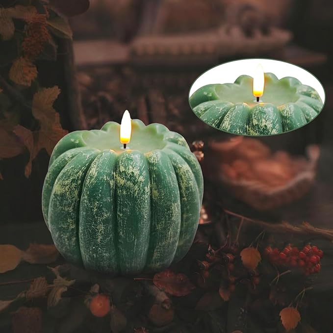 Fall Decor, Fall Decorations for Home - Flameless Pumpkin Candle with Timer Remote - Room Bedroom Table Farmhouse Decor for Halloween, Thanksgiving, Green