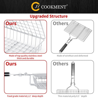 JY COOKMENT Grill Basket Stainless Steel with Portable Removable Handle, Grilling Basket-BBQ Accessories for Vegetable, Shrimp, Fish, Steak and Outdoor Use-Dishwasher Safe