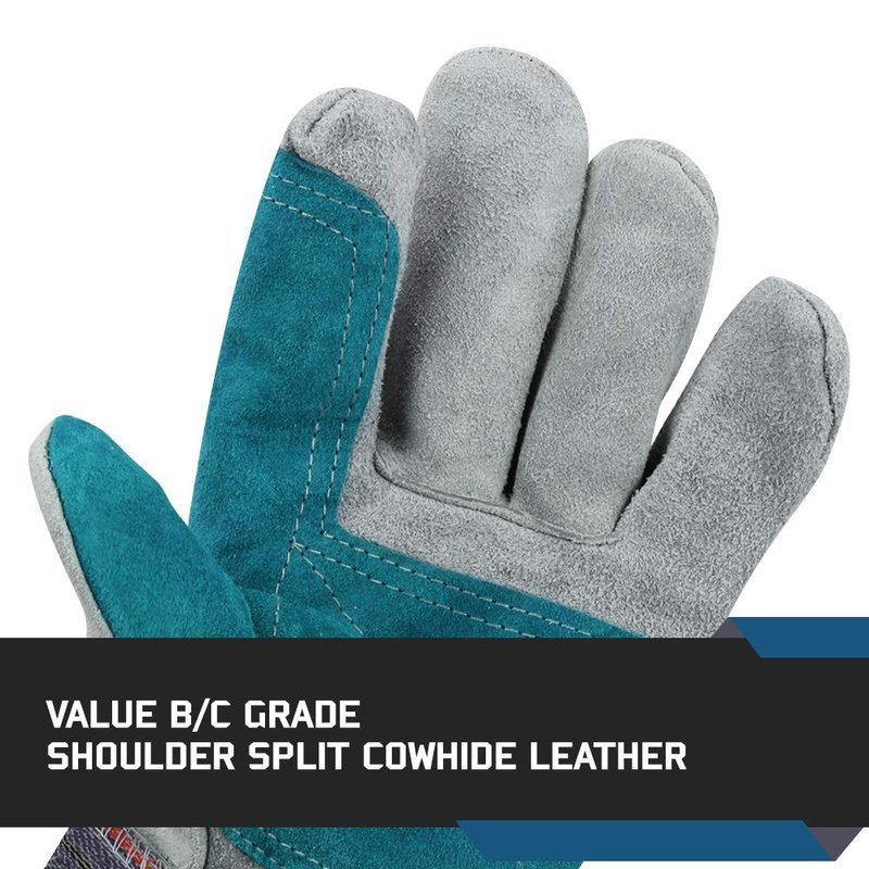 Glove Station Heavy Duty Double-Layer Cowhide Split Leather Palm Work Gloves with Rubberized Safety Cuff (Large (L), 12-Pack)
