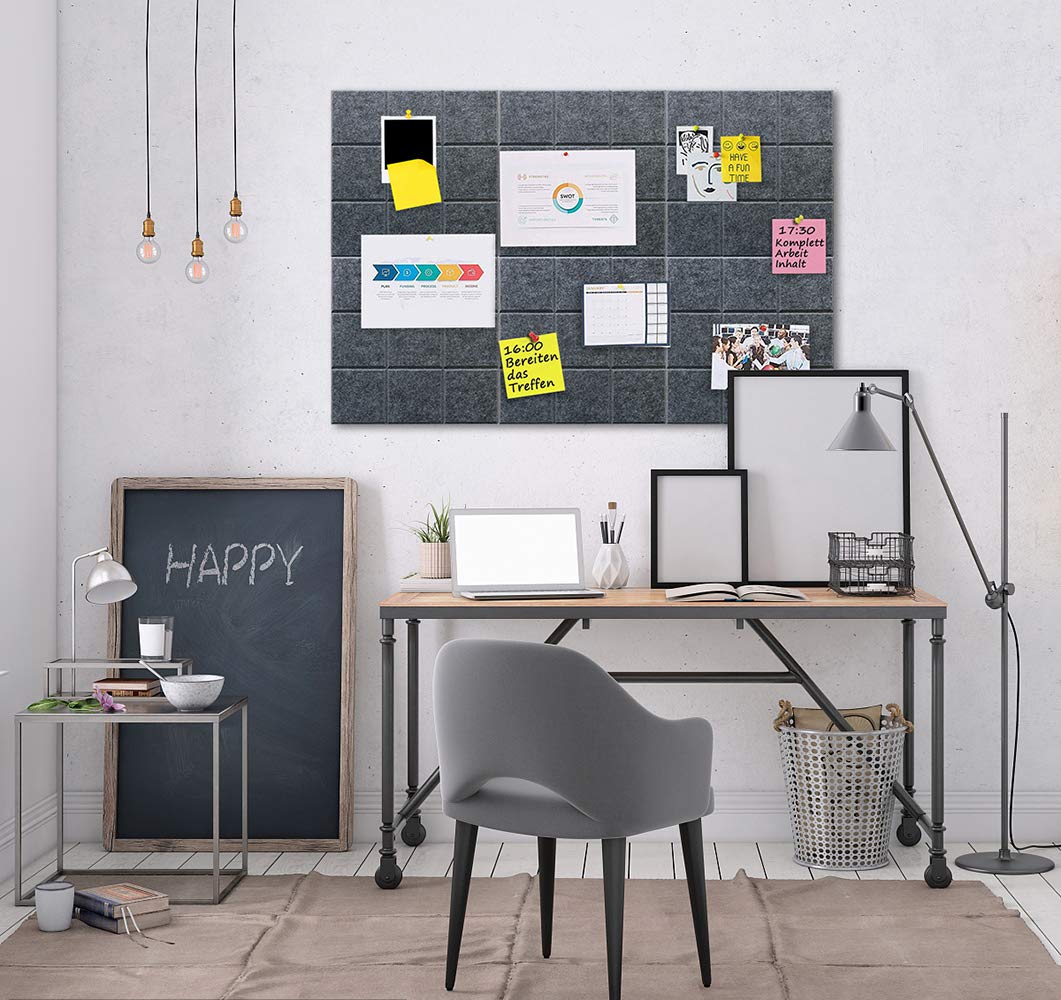 Uoisaiko Large Felt Board Tiles with 30 Pins, 30x30cm Pack of 6 Bulletin Board Notice Boards for Home Office Kitchen, Self Adhesive Pin Board Wall Tiles for Photos Memos