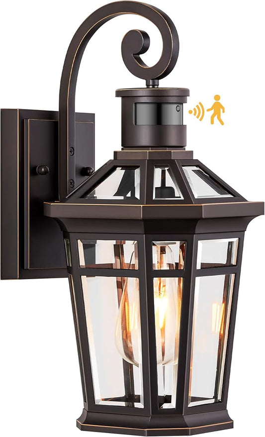 Motion Sensor Porch Lights Outdoor Wall Mount, Oil Rubbed Bronze Exterior Wall Sconce Lantern with E26 Socket, Waterproof Dusk to Dawn Outdoor Lighting Fixtures, Coach Lights for Garage, Patio