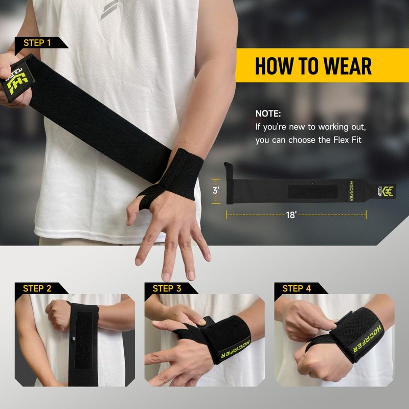 Hocafer Wrist Wraps for Weightlifting - 18” Wrist Compression Support and Wrist Brace for Bench Press, Bodybuilding, Strength Training(Black, Flex Fit, 2P)