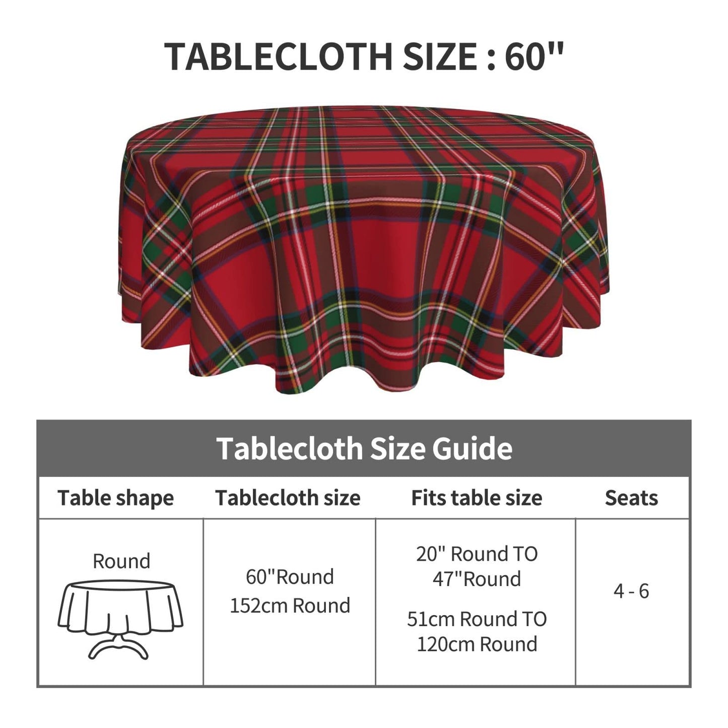 Checkered Christmas Tablecloth Round 60 Inch,Red Green Retro Plaid Table Cloth,Stain Resistance Polyester Winter Xmas Holiday Table Covers for Kitchen Dining,Small Tablecloth for Parties Picnic