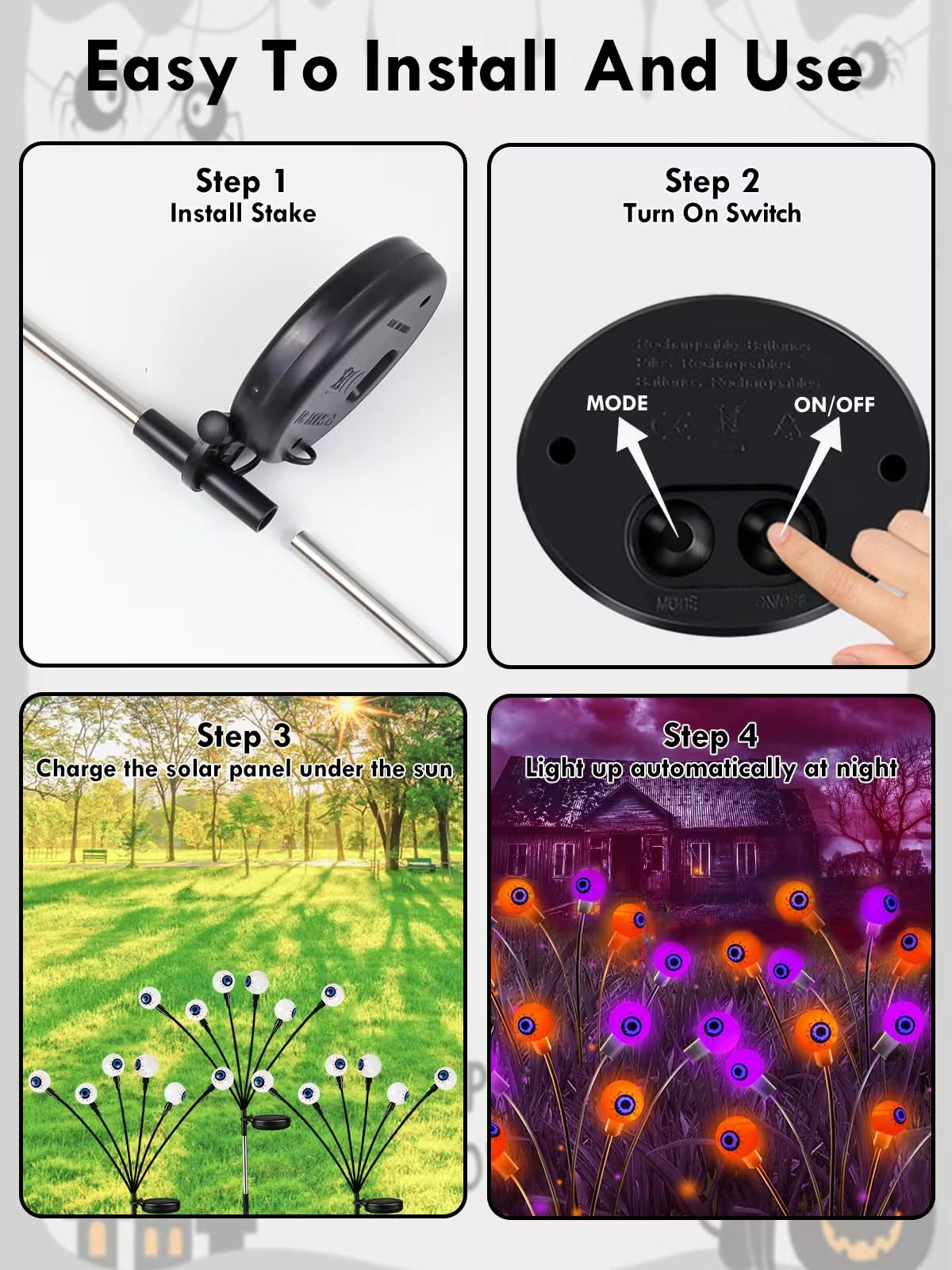 6 Pack Halloween Decorations Outdoor Solar Eyeball Lights, Purple and Orange Scary Eyeball Swaying Firefly Lights with 2 Modes, Waterproof Halloween Pathway Lights for Yard Garden Lawn Party Decor