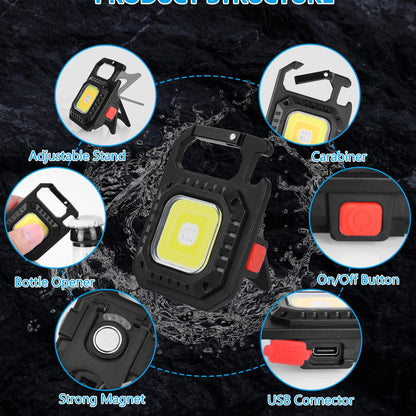 URAQT Mini LED COB Flashlight, 1000 Lumens 500mAh 7 Light Modes Tiny Handheld Keychain Torch, Multifunctional Emergency Keyring Flashlight Rechargeable Work Lights with Folding Bracket Bottle Opener