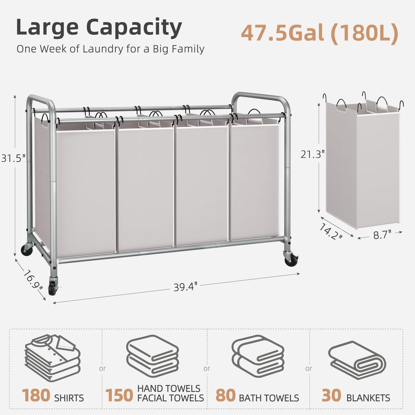 STORAGE MANIAC Laundry Sorter 4 Section, 47.5 Gal (180 L) Laundry Hamper with Wheels, Clothes Divider Basket Sorter, Separator Hamper Cart with Removable Bags, Gray