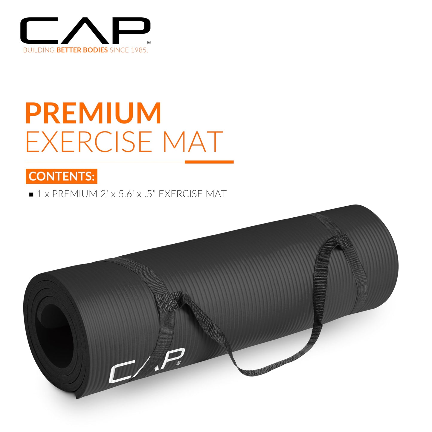 CAP Barbell High Density Exercise Mat with strap, 68"x24" 12mm (Black)