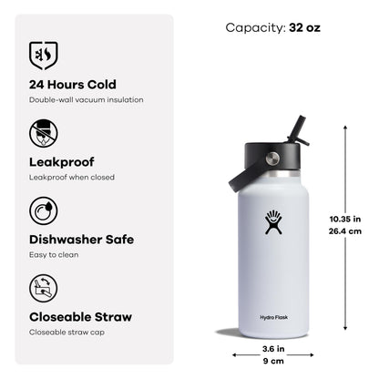 Hydro Flask 32 Oz Wide Flex Straw Cap Bottle - Insulated Stainless Steel - Wide Straw Lid, Non Spill, Leakproof in Polar Plunge