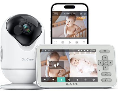 Dr.Care VistaView Lite Smart WiFi Baby Monitor - 4” 720P Split Screen & 1080P Camera App Control, Motion Alerts, HD Night Vision, 3000mAh Battery, 2-Way Talk, Multi-User, Triple Security, 1000ft Range