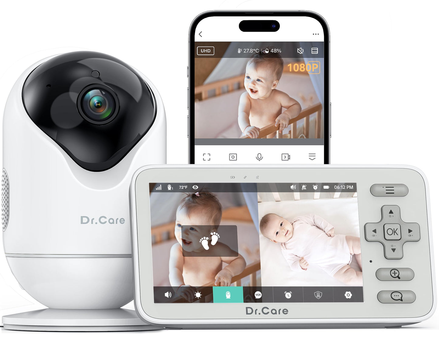 Dr.Care VistaView Lite Smart WiFi Baby Monitor - 4” 720P Split Screen & 1080P Camera App Control, Motion Alerts, HD Night Vision, 3000mAh Battery, 2-Way Talk, Multi-User, Triple Security, 1000ft Range