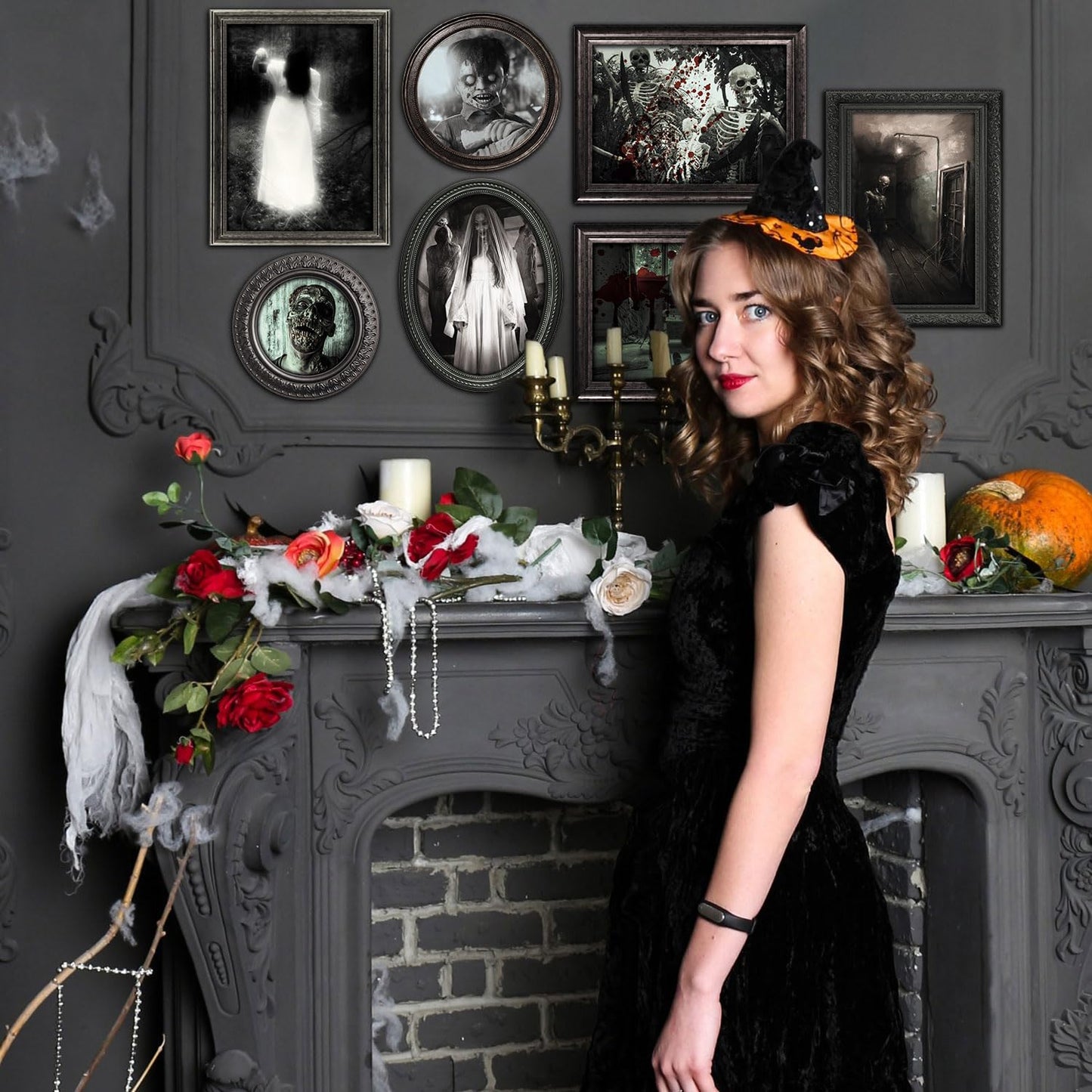 Benjia 15 Halloween Gothic Creepy Skull Photos Haunted Horror Picture Frame, Waterproof Durable, with 80pcs Self Adhesive Dots，Creepy Photo Decoration For Haunted Family Castle Masquerade Party Black