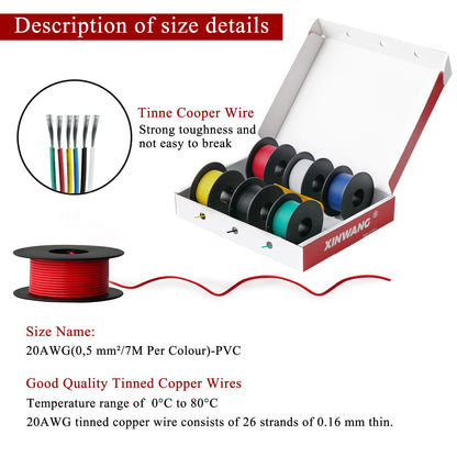 Electrical Wire,PVC Electric Wire -XINWANG 20awg 0.5 mm² wire 6 Colours (Each Colour 23ft) Stranded Wire Made of Tinned Copper Wire Hook up Wire Kit