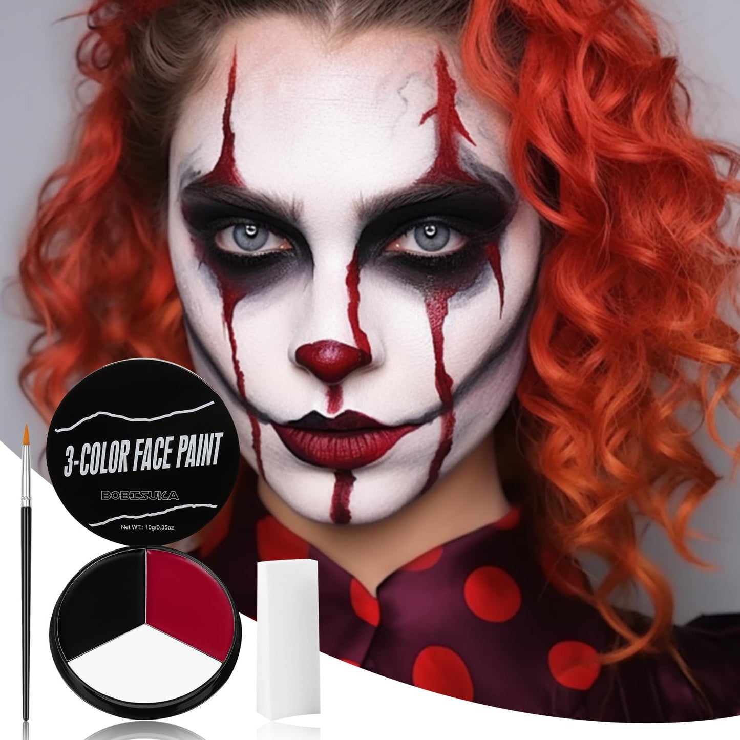 Black White Red Face Paint + 3PC Sponge + Brush, Colored Eye Black for Baseball Softball Sport Games, Body Painting Kit for Halloween Clown Makeup, Cosplay, Costume, SFX Special Effect, Theme Parties