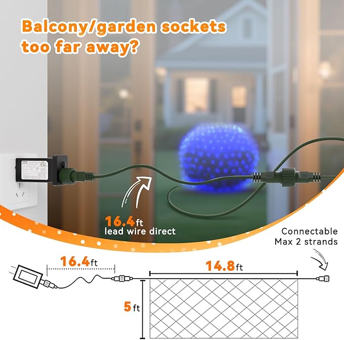 LitHome 14.8FT x 5FT Christmas Net Lights Outdoor Mesh Lights, 300 LED Christmas Blue Net Light for Bushes Connectable, 8 Modes Giant Mesh Light Waterproof Green Wire for Tree Garden Party Roof Decor