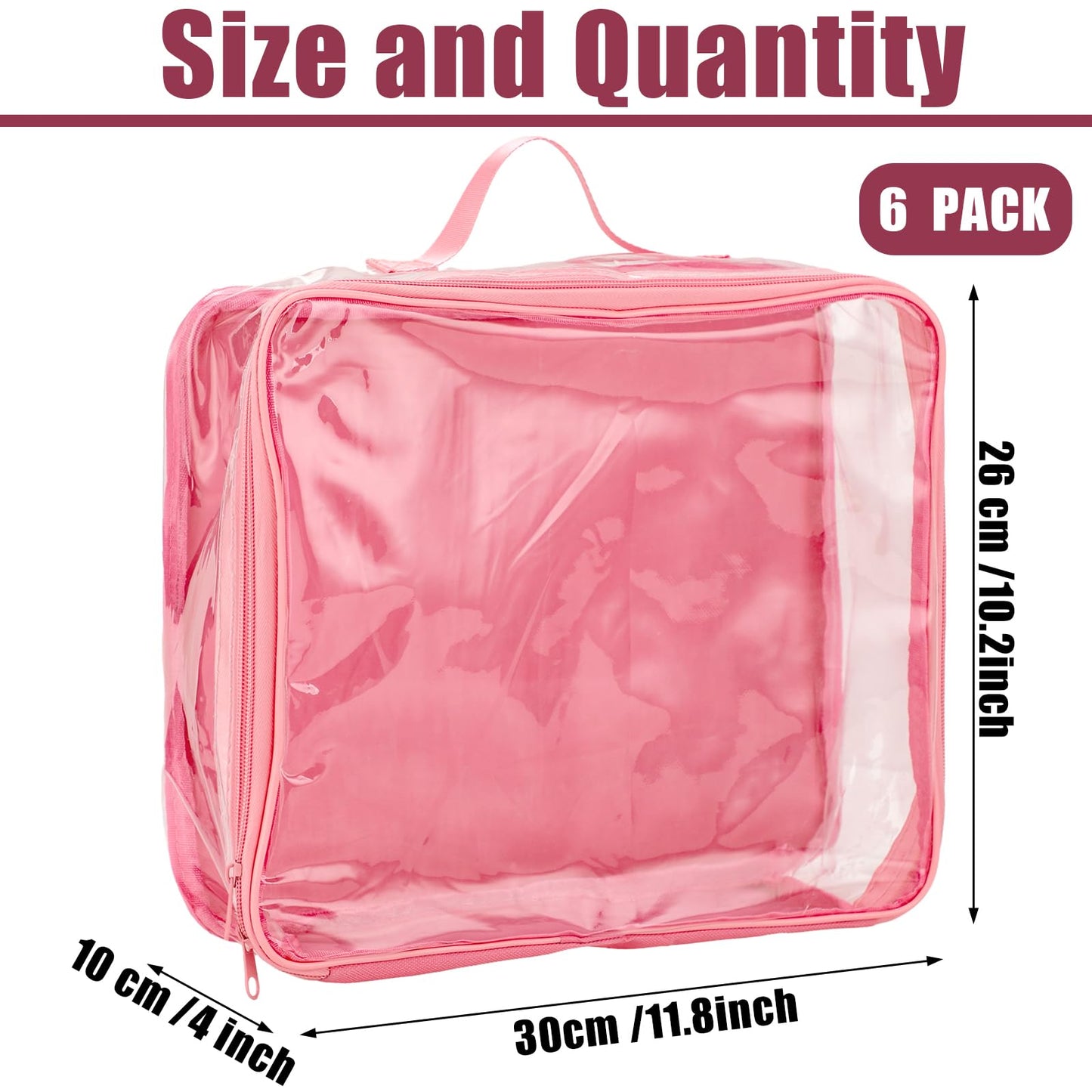 6 Pieces Large Clear Travel Packing Cube Clear Vinyl Zippered Storage Bags See Through Moving Bag PVC Multipurpose Pouch with Handle for Suitcase Shirts Dress Storage (Pink,11.8 x 10.2 x 3.9 Inch)