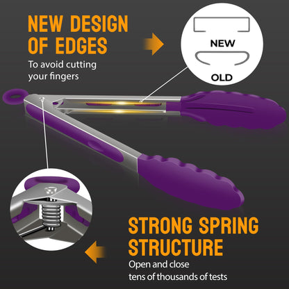 HOTEC Premium Stainless Steel Locking Kitchen Tongs with Silicon Tips, Set of 3-7", 9" and 12" (Purple)