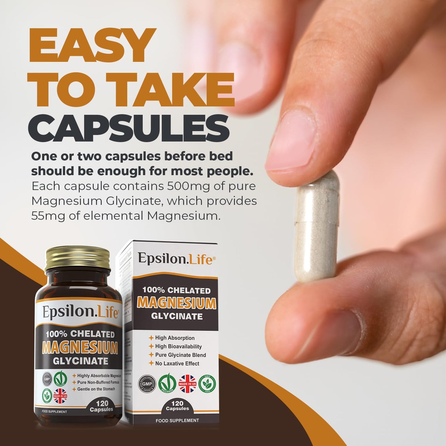 Epsilon Magnesium Glycinate Supplements - Chelated Mg Bisglycinate Supplement - 120 Easy to Take Vegan Capsules - 500mg Unbuffered Magnesium-Glycinate per Capsule - UK-Made