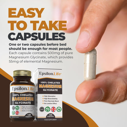 Epsilon Magnesium Glycinate Supplements - Chelated Mg Bisglycinate Supplement - 120 Easy to Take Vegan Capsules - 500mg Unbuffered Magnesium-Glycinate per Capsule - UK-Made