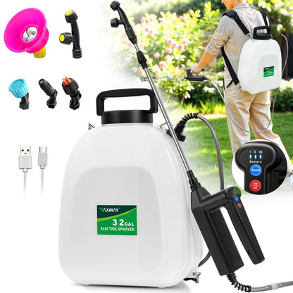 Battery Powered Sprayer 3.2 Gallon, VAXMAY Backpack Sprayer with 3 Adjustable Speeds, Battery Indicator, 5 Mist Nozzles, 41" Retractable Wand, USB Rechargeable Weed Sprayer for Lawn Garden Yard