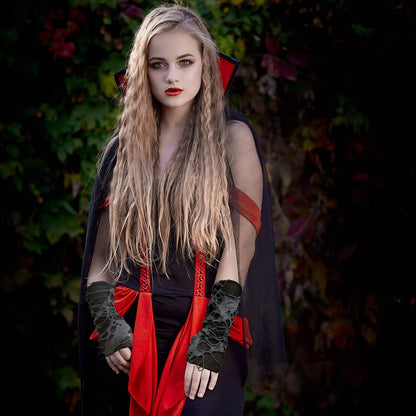 JISEN Women Punk Fingerless Gloves Ripped Cosplay Gothic Mittens for Halloween Costume Party E-Black