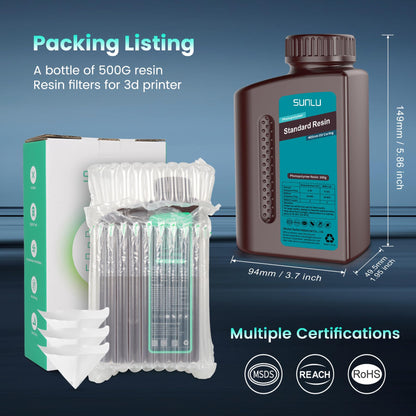 SUNLU 3D Printer Resin Bundle Multicolor, Rapid Curing Standard 3D Printing Photopolymer Resin, 2kg in Total, 0.5kg per Bottle, 4 Pack, Black+Light Grey+Dark Grey+White