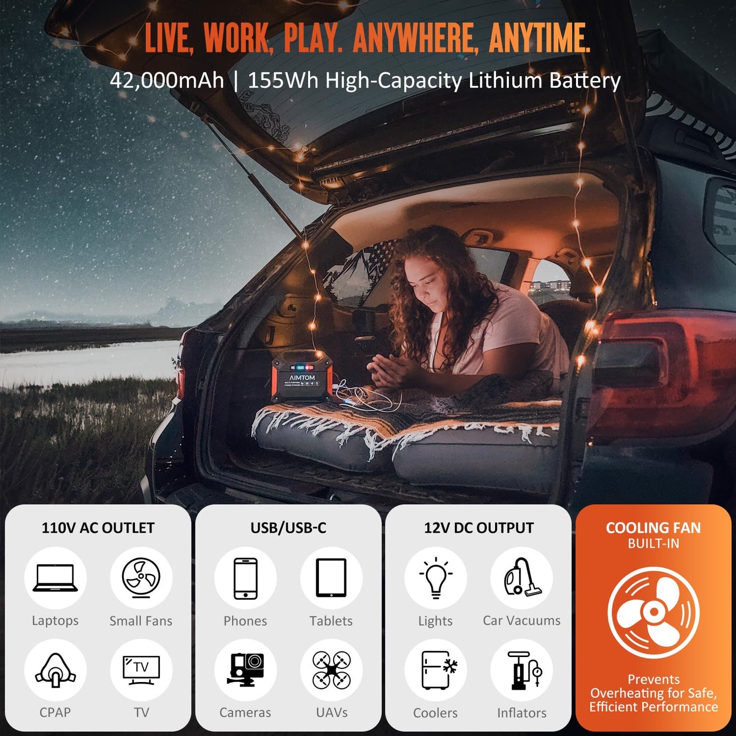 AIMTOM 155Wh Portable Power Station with 30W Solar Panel – 150W Peak/110V AC, 18W USB-C, 2x USB-A & 12V DC – Solar Generator for Camping, Home, RV, Travel & Emergencies