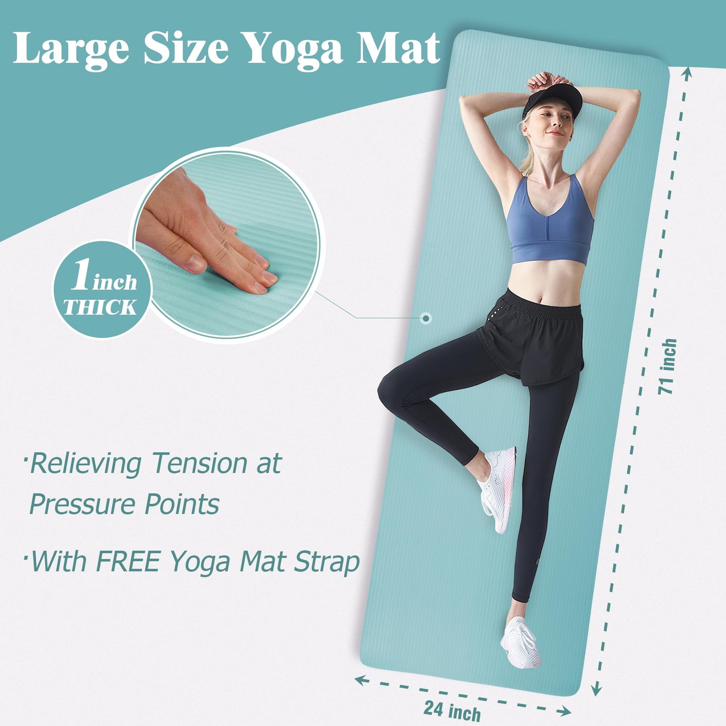 Yoga Mat 1-Inch Extra Thick High-Density Exercise Mat with Non-Slip Surface & Carry Strap for Men & Women Tear-Resistant Pilates Workout Mat for Home Gym, Floor Fitness, Aqua