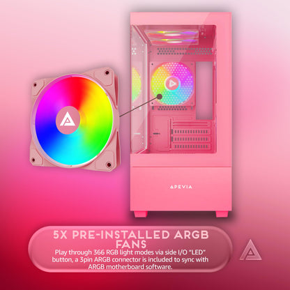 Apevia Phantom-PK Phantom Micro-ATX Dual-Chamber Gaming PC Case w/ 5X 120mm ARGB Fans, 366 RGB Modes, Dual Tempered Glass Panels, 240mm Radiator Support, 2X USB3.0, HD Audio Port, Pink
