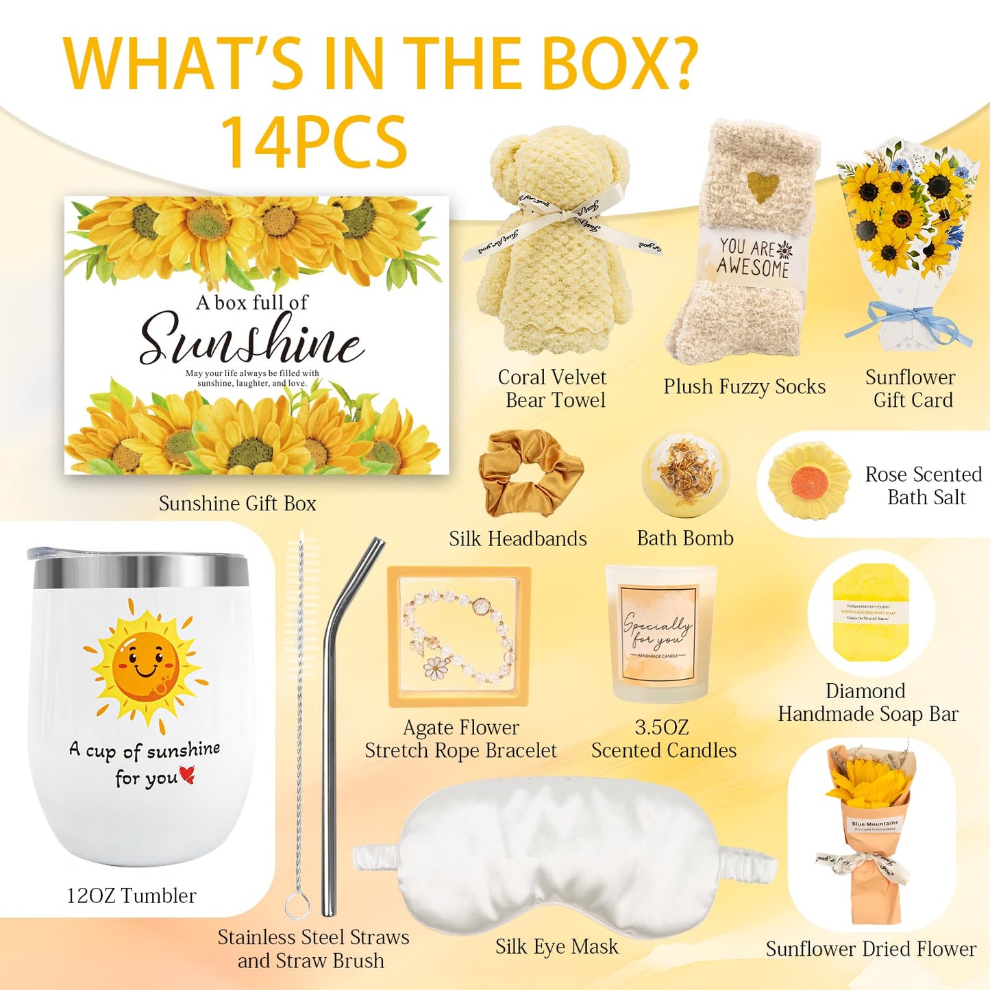 Gift Baskets for Women, Sending Sunshine Sunflower Care Package for Women, Thank You, Get Well, Sympathy Inspirational Friendship Christmas Gifts for Mom Her Sister Friends Wife, Self Care Spa Basket