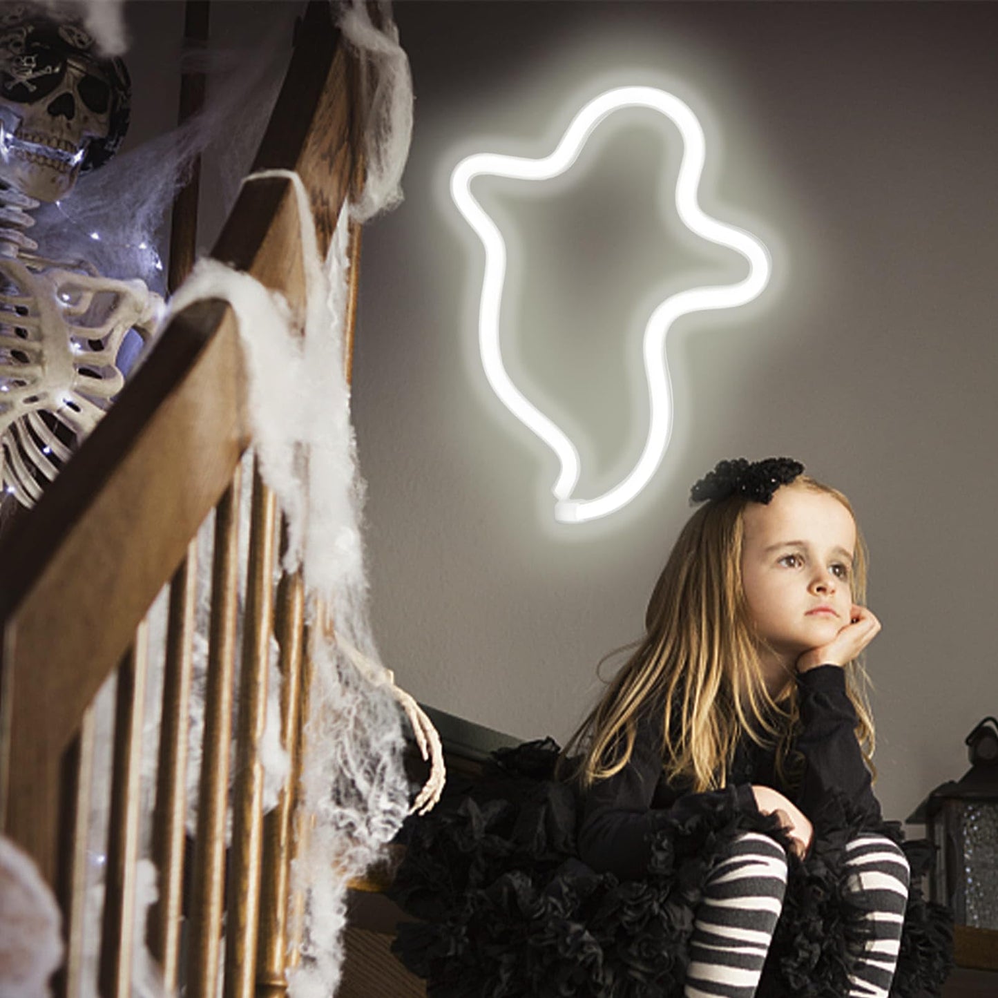 BRIGHTDECK 2 Pack Halloween Neon Signs, White Ghost, Blue Bat Full Moon Neon Lights Decorations, USB/Battery Powered Led Neon Sign for Halloween Wall Decor, Bedroom, Kids Gift, Bar, Party(Full Moon)