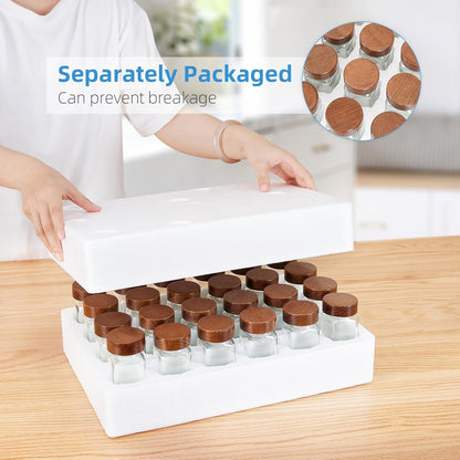 Yangbaga 24Pcs Glass Spice Jars with Labels-4OZ Wood Lid Square Spice Containers with Pepper Grinder Lids &Funnel,Seasoning Jars for Rack Cabinet Drawer