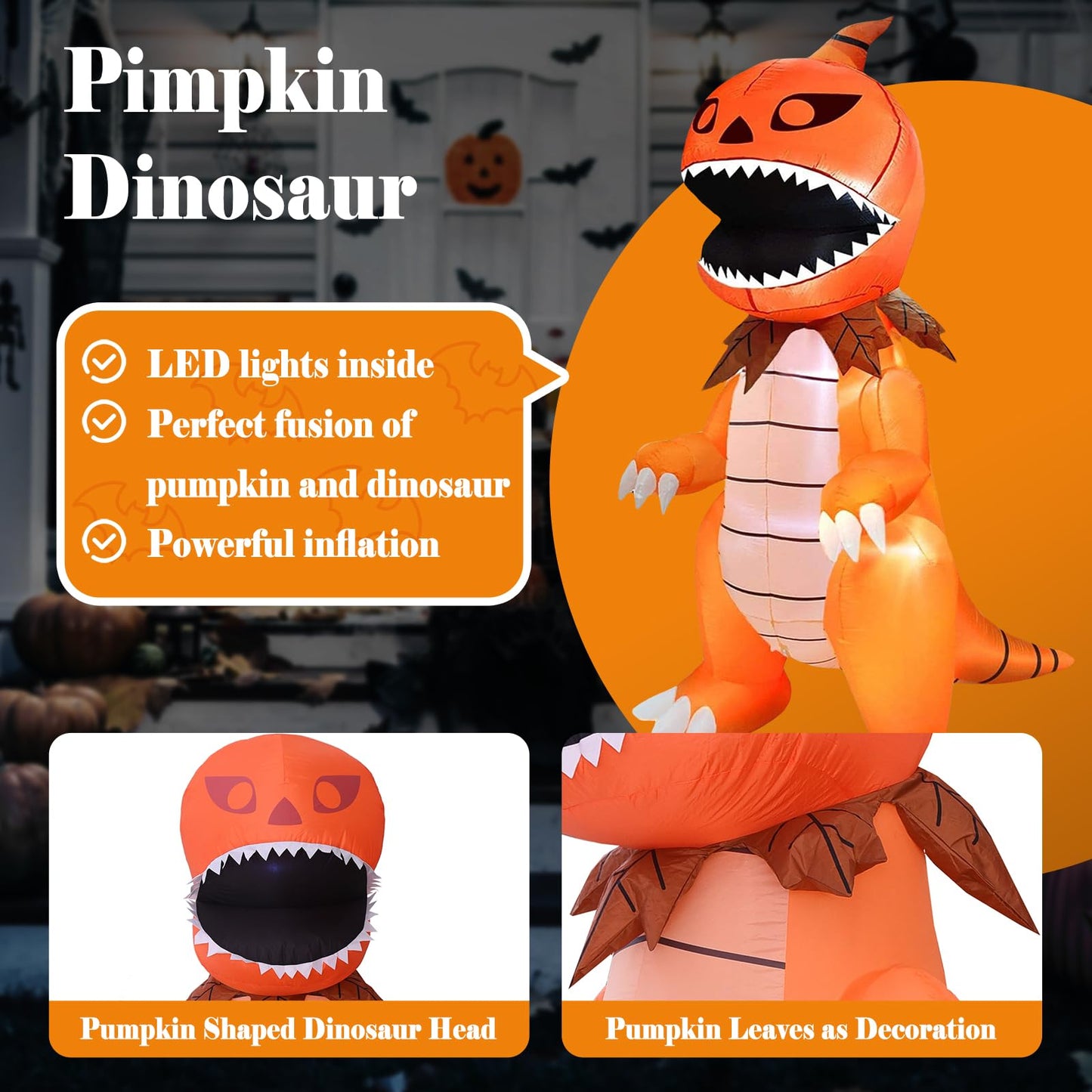 DearSun 8FT Giant Halloween Inflatable Pumpkin Dinosaur with LED Lights Outdoor Decoration Large Party Yard Decoration (Giant Pumpkin Dinosaur)