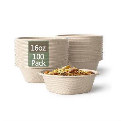 Homestockplus 16 Oz Disposable Paper Bowls - Heavy Duty Small Disposable Bowls - Made from Natural Bagasse for Cereal, Rice, French Fries - Convenient and Compostable [100/Pack]