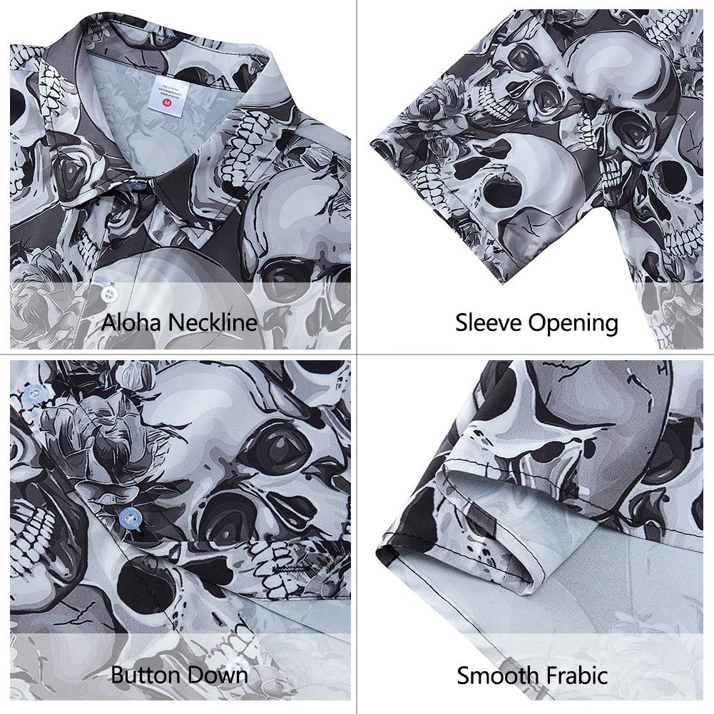 Goodstoworld Hawaiian Mens Skull Shirts 3D Halloween Horror Short Sleeve Print Teen Boys Aloha Button Down Dress Shirt Polo Party Gift Tops Black Grey