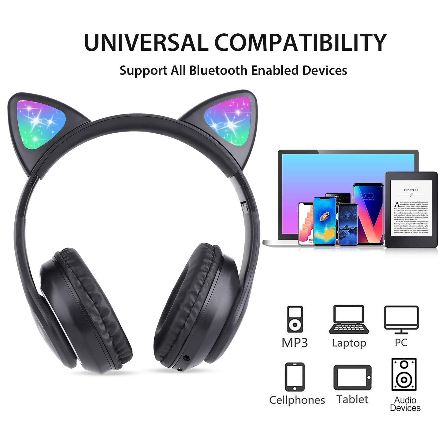 TCJJ Kids Wireless Headphones - Cat Ear LED Light Up, Bluetooth 5.4, Safe Volume Limit, Noise Cancelling with Mic & TF Card for Girls Boys Toddlers School (Black)