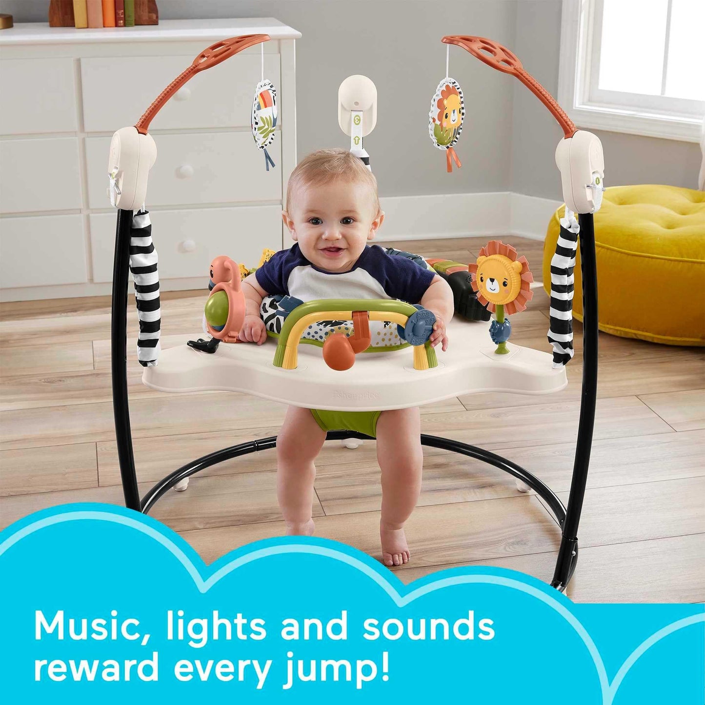 Fisher-Price Baby Bouncer Palm Paradise Jumperoo Activity Center with Music Lights Sounds and Developmental Toys