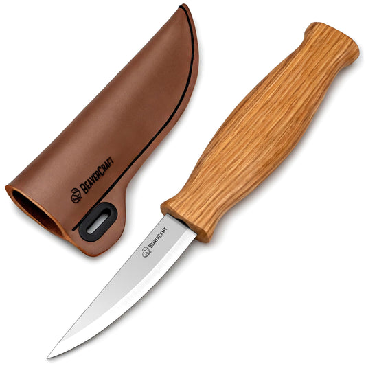 BeaverCraft Wood Carving Sloyd Knife C4s 3" - Whittling Knife with Leather Sheath for Carvers - Chip Wood Carving Tools for Beginner and Profi
