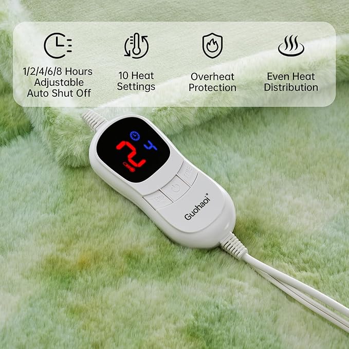 Guohaoi Heated Blanket Electric Throw, Soft Faux Rabbit Fur Electric Blanket with 10 Heating Levels 5 Sitting Timer Auto Off, Cozy Warm Heating Blankets, Machine Washable(62"×84" Light Green)