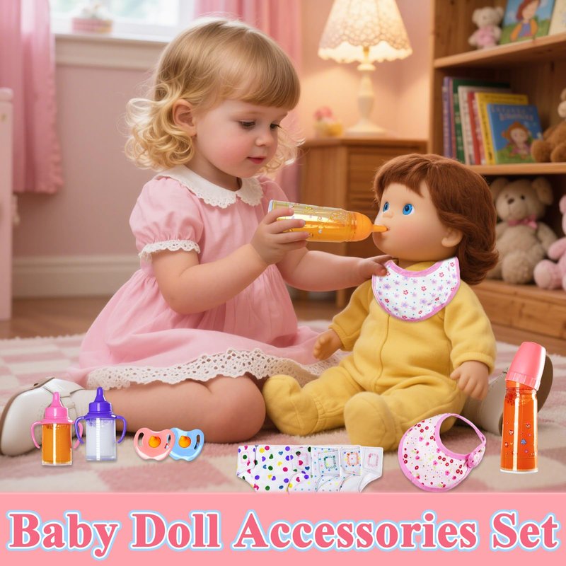 Kuihaazi 12PCS Baby Doll Accessories Set,Doll Pretend Play Feeding Toys,Baby Doll Feeding Include Disappearing Milk and Juice Bottles,Pacifier,Bibs,Diapers