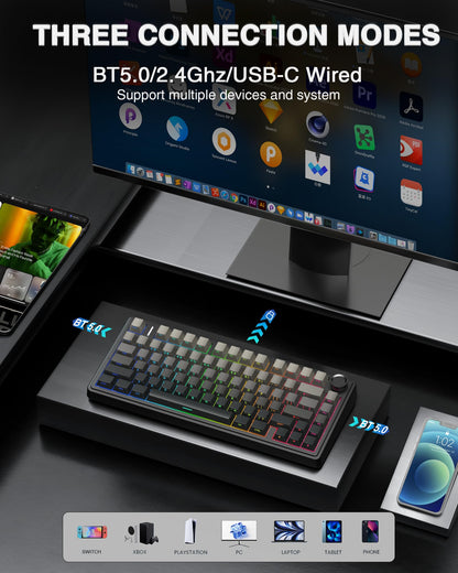 AULA F75 Wireless Mechanical Keyboard, Gasket Mounted, Hot Swappable, Pre-lubed Reaper Switches, RGB Backlit, 2.4GHz/Type-C/Bluetooth Gaming Keyboard (75%)