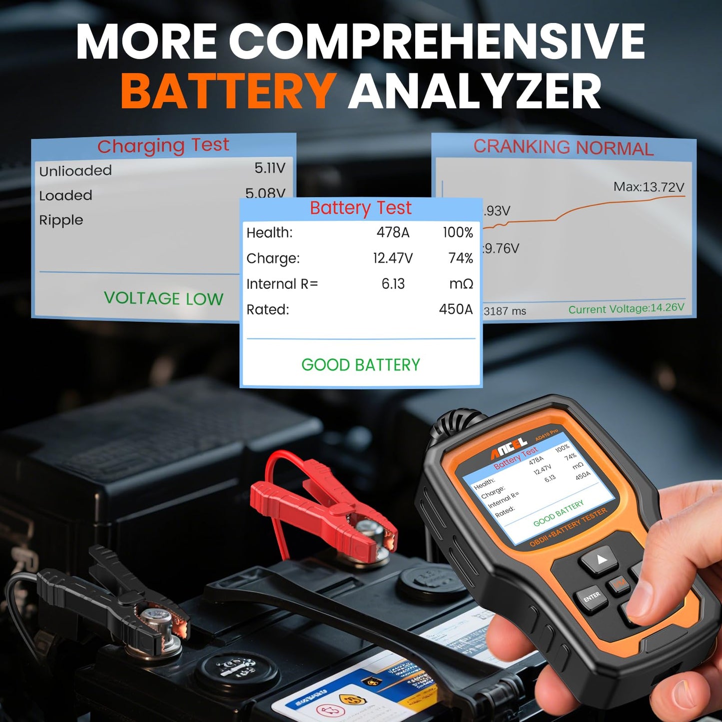 ANCEL AD410 PRO OBD2 Scanner and Battery Tester,2-in-1 Car Diagnostic Tool,Check Engine Light,EVAP Test,Live Data,6V/12V Battery Analyzer with Cranking & Charging System Test for Car Motorcycle