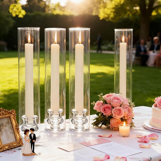 24 Set Hurricane Glass Candlestick Holders 12.6" Two Side Open Glass Candle Holders and 2.2" Taper Candlesticks Holder Bulk for Table Centerpiece Wedding Christmas Home Decor
