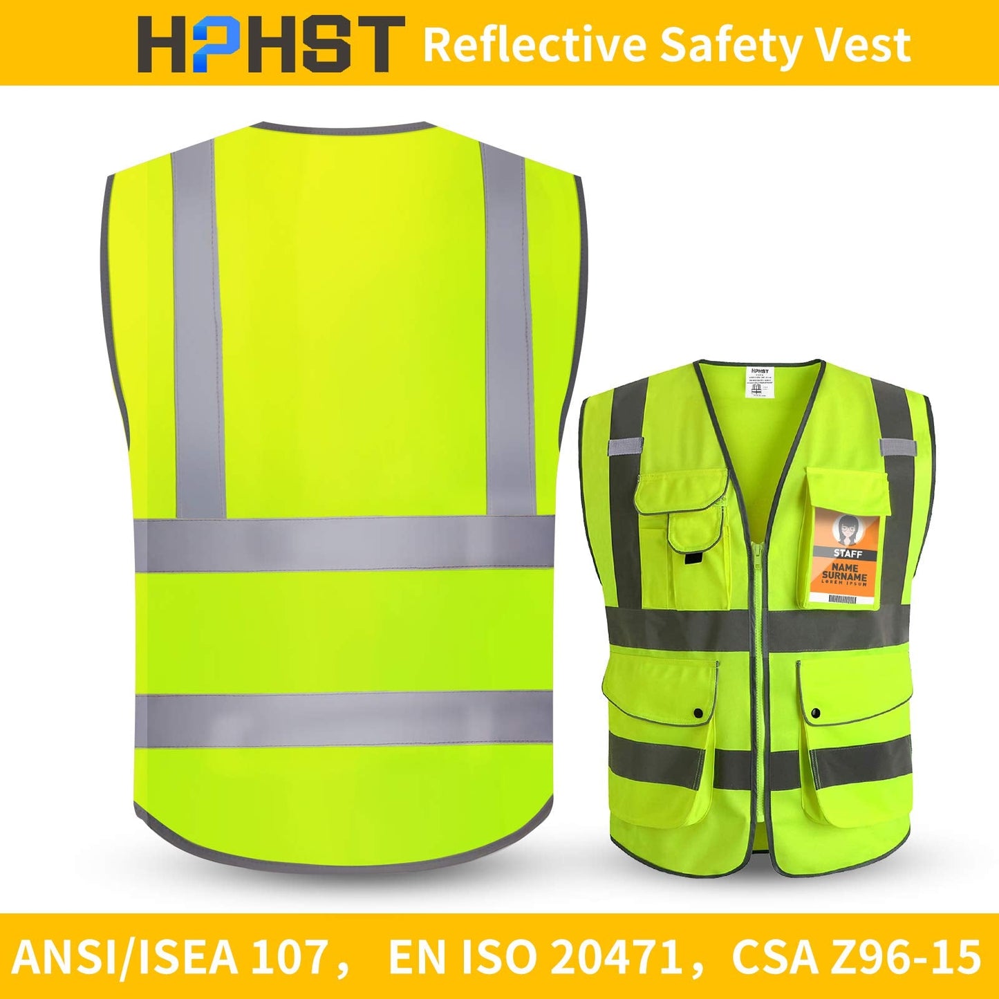 HPHST High Visibility Cycling Vest for Men and Women with Zip Reflective Vest Work Vest EN ISO 20471