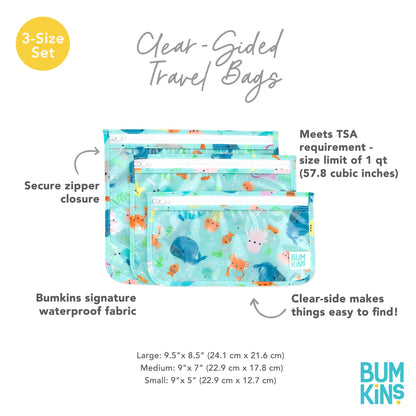 Bumkins TSA Approved Toiletry Bag, Travel Bag, Quart Zip Pouch, Clear Sided, PVC-Free, Vinyl-Free, Set of 3 – Ocean Life