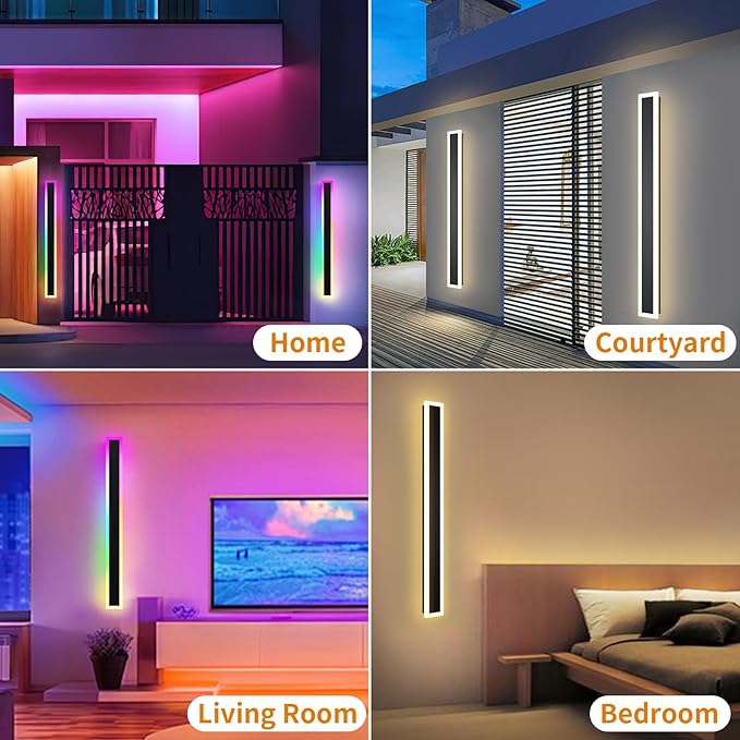 Outdoor RGB Long Wall Lights, 39.4inch 2 Pack RGB/Warm/White Dimmable Modern Led Wall Lighting, Ip65 Waterproof Long Wall Sconce with Remote and APP Control for Outdoor/Indoor
