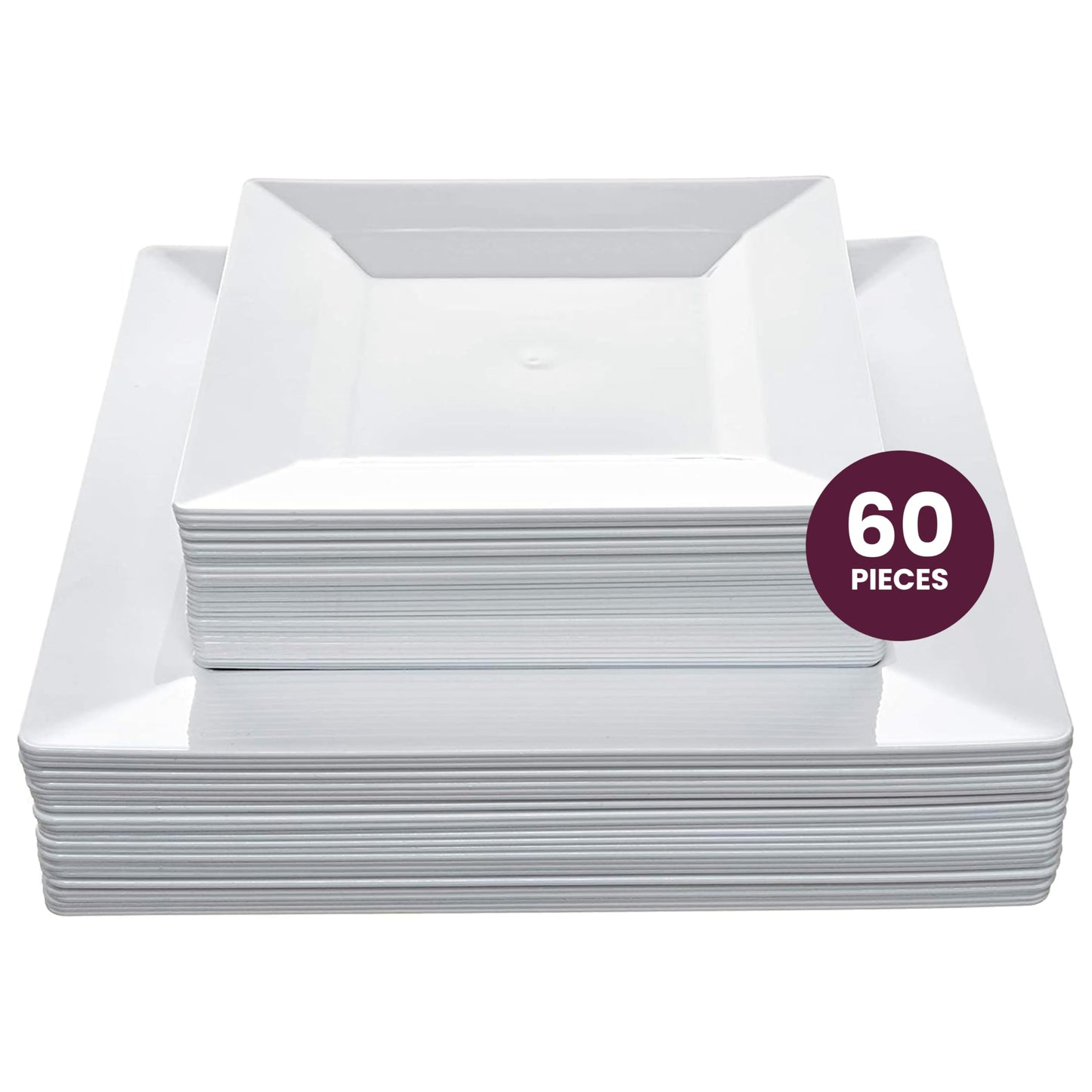 Aya's 60ct White Square Disposable Plates - Heavy Duty Plastic Party Plates for Christmas, Thanksgiving (30 Dinner & 30 Salad)
